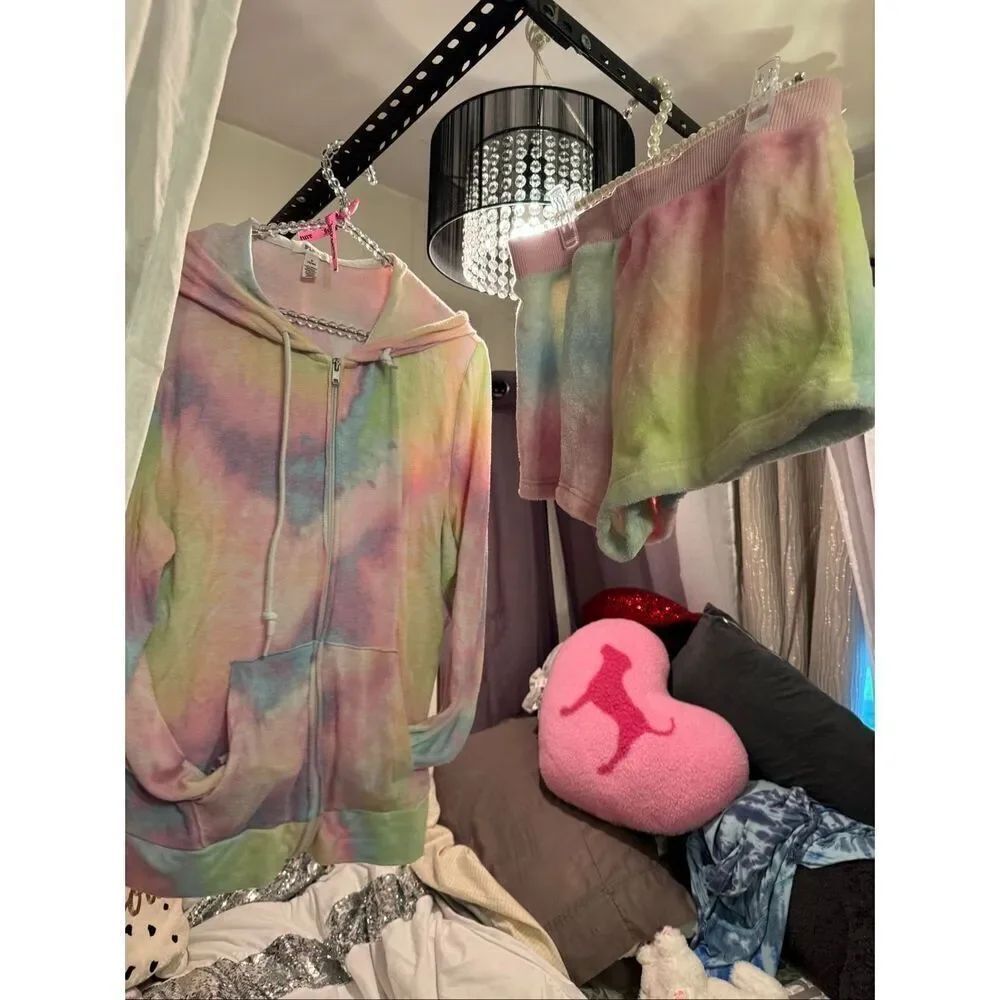 VS PINK rainbow tie dye raglan COZY hoodie & fur sleep lounge shorts